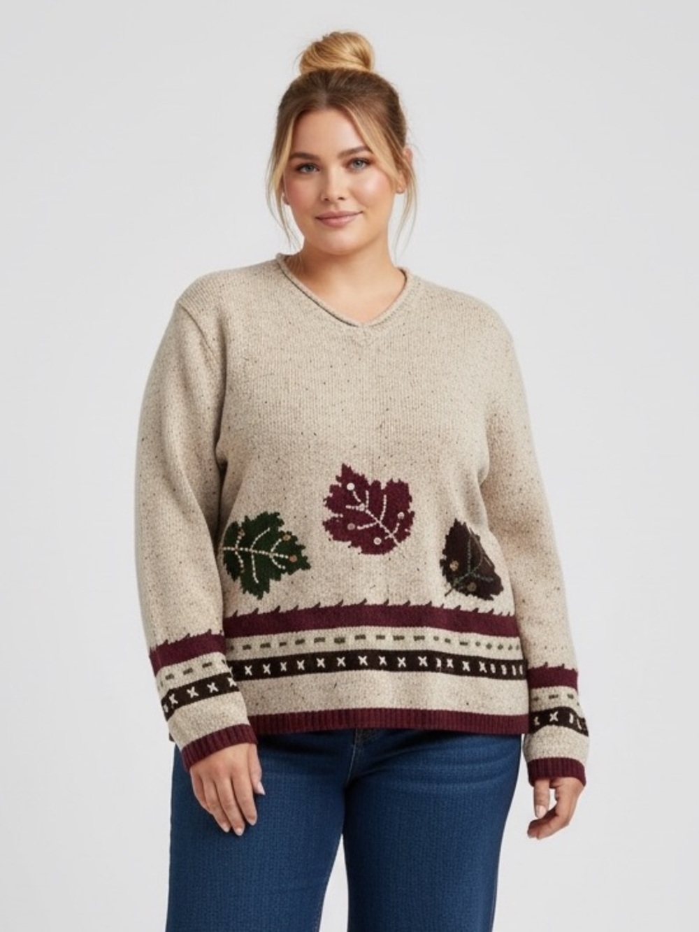 Vintage Studio Works Silk Knit V-Neck Sweater with Maroon & Green Leaf Motif